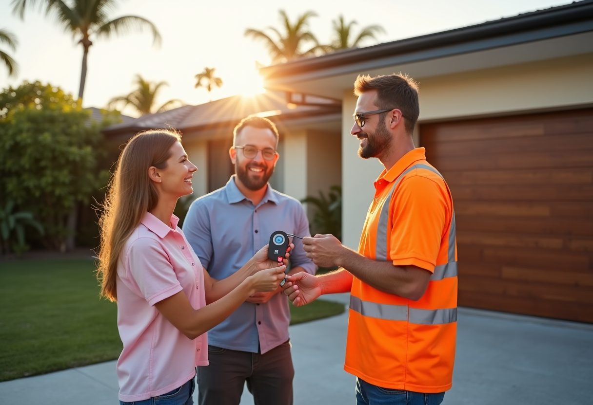 Technician handing over a garage remote at sunset — Bowen Hills