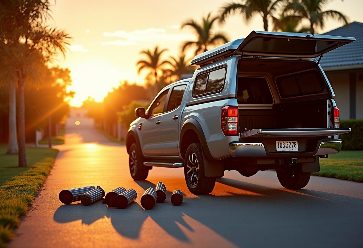 Technician ute with parts laid out at sunset — Bowen Hills